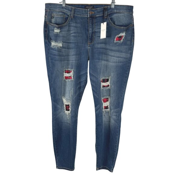 Judy Blue Skinny‎ Fit Jeans 22W Distressed Red Buffalo Plaid NWT PT-2481 - Picture 1 of 13
